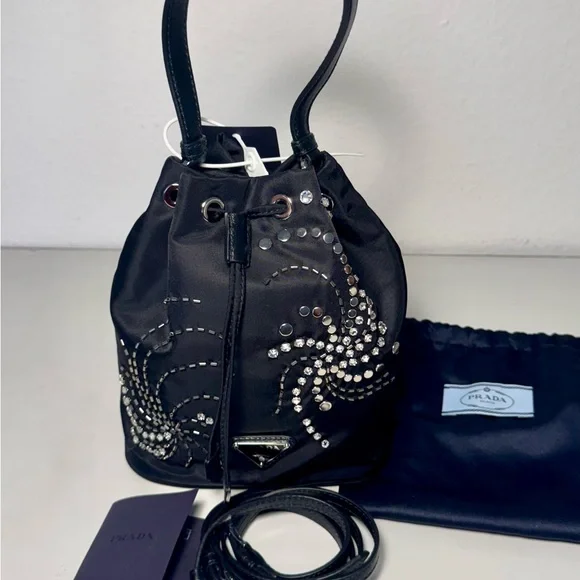 Prada Black Re-Nylon Embroidered Mini Bucket Bag - Picture 6 of 9